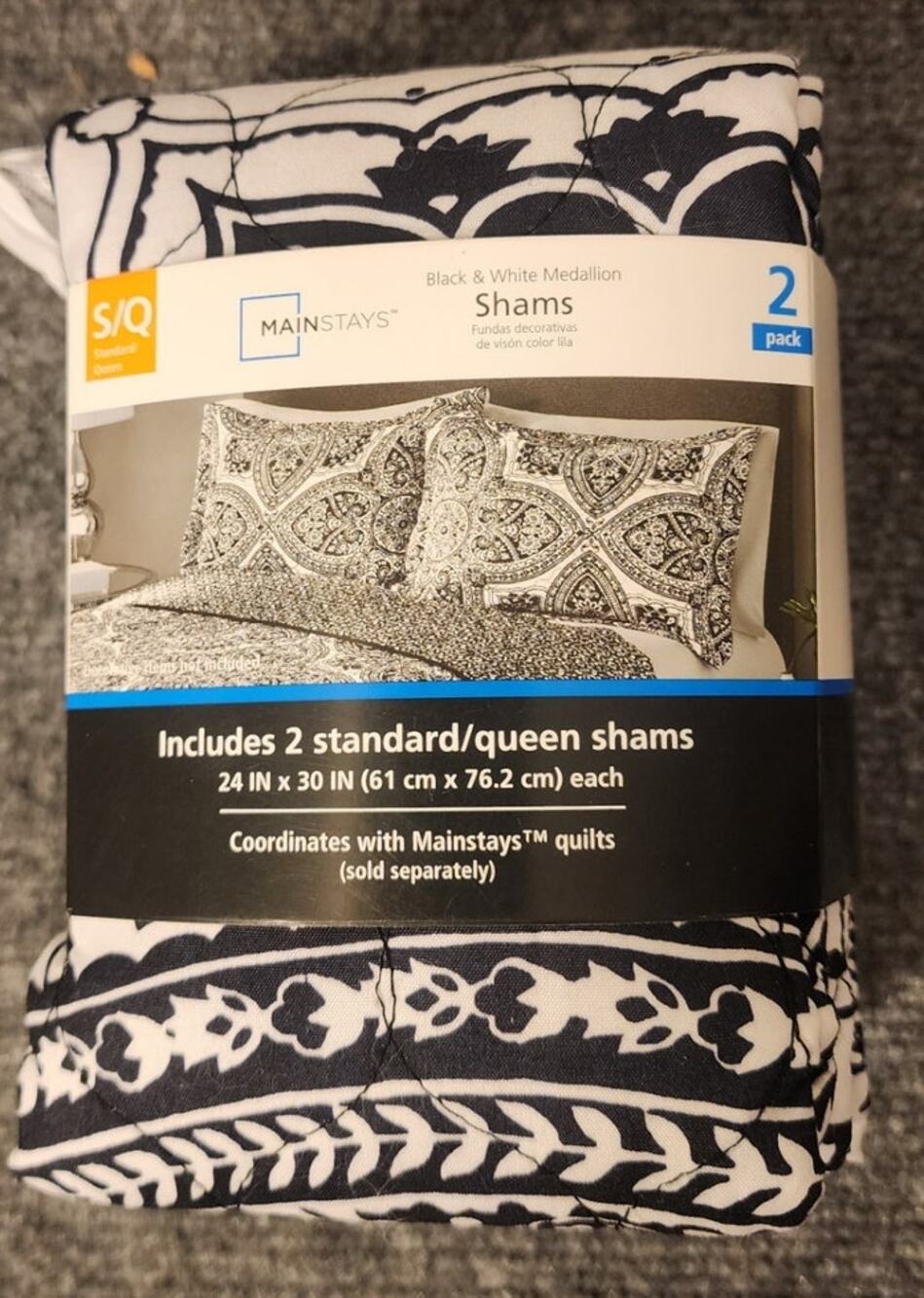 Mainstays Pillow Shams Set of 2 Standard Queen Black White Geometric Pattern NIP